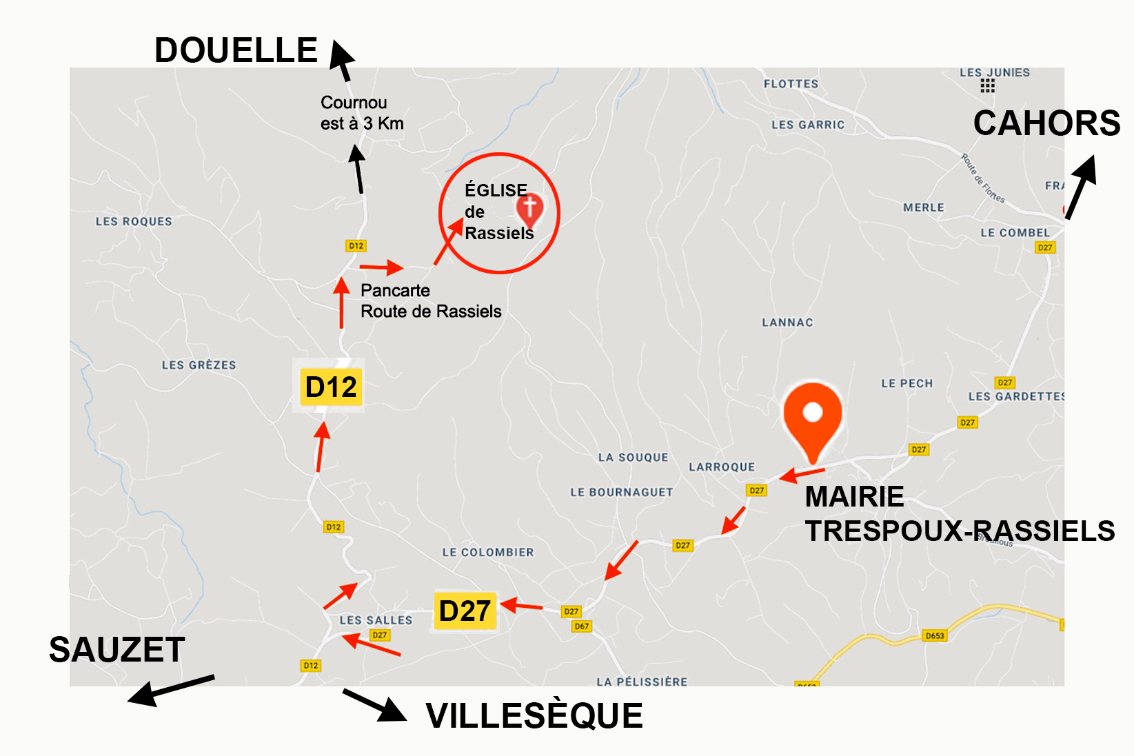 Plan venir à L’Église de Rassiels- Route de Rassiels 46090 Trespoux-Rassiels